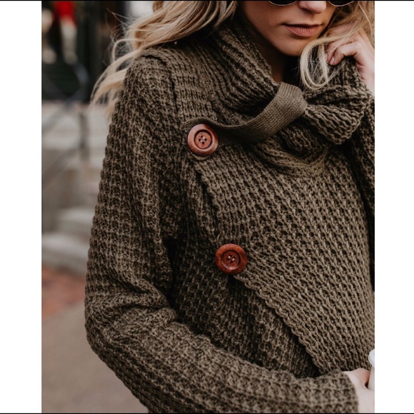 ✨Army Green Waffle Cowl Neck Sweater✨ - Picture 2 of 4